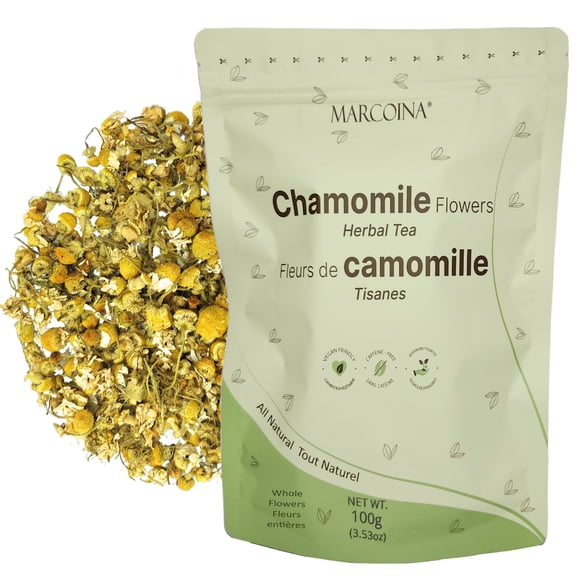 Chamomile Herbal Tea 100g by MARCOINA – Whole Flowers, Loose, Caffeine-Free (3.53oz)