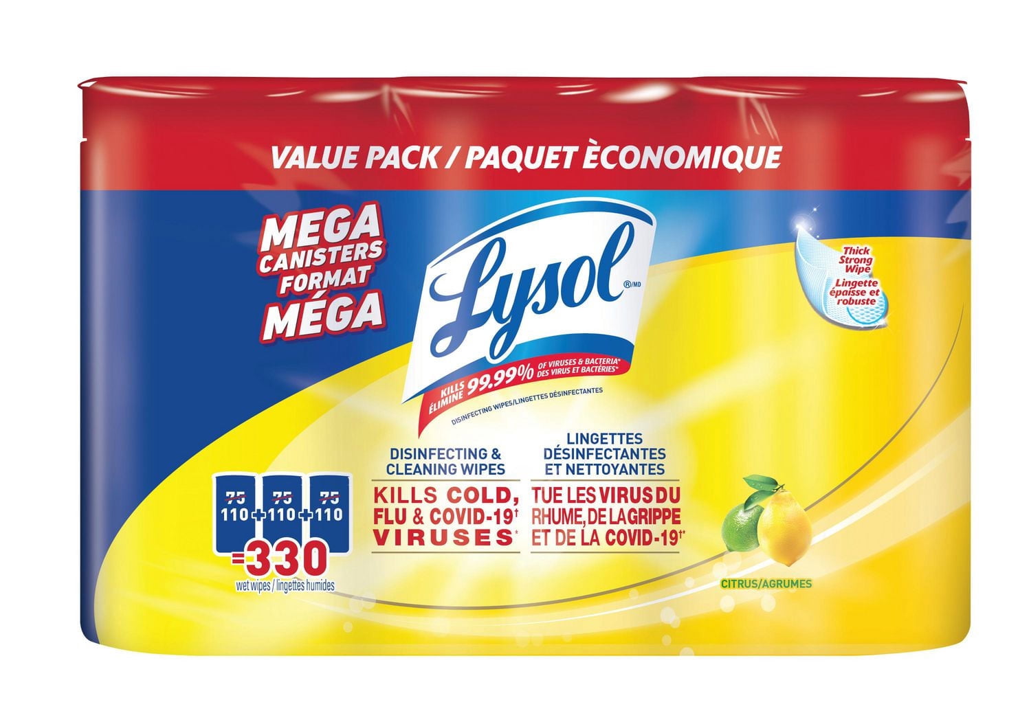 Lingettes désinfectantes Lysol, agrumes, 3x110