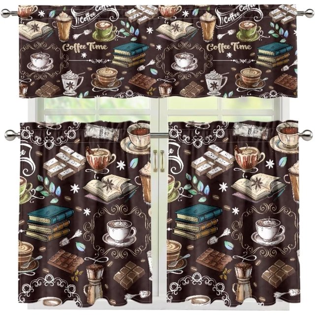 Brown Coffee Kitchen Curtain Valance and 36" Tiers Set of 3 Soft Cafe Curtains with Rod Pocket Blackout Drape Window Set for Home Window Fall Decorations,Size M