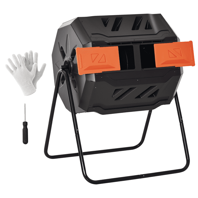 Outsunny Composteur Extérieur à Double Chambre Rotatif à 360° 43 Gallons en orange, Conçu pour un Compostage Efficace avec Deux Chambres et un Mécanisme de tumbling à 360°. Monté sur un Cadre en Acier Noir durable, Il Comprend des Portes Coulissantes orange pour un Accès Facile. Idéal pour Créer de l'Engrais Organique pour les Jardins. Comprend des Gants de Jardin Blancs et un Tournevis pour l'Assemblage.