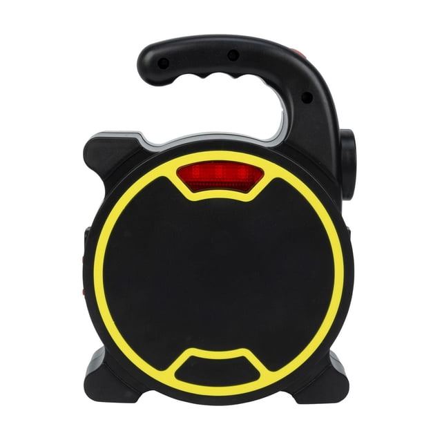 Perfect Solutions Tool Set With Led Light featuring a compact, round black plastic toolbox with yellow trim and a red LED light on the front. It includes an ergonomic handle with finger grooves and stands on two feet for stability. This portable hand tool set is designed for easy storage and use in dimly lit areas, ideal for quick home repairs and DIY projects.