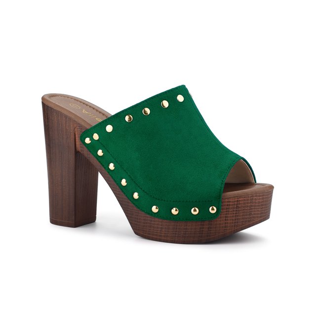 BLISSFUL STEP Women's Shoes Platform Chunky Heels Open Toe Rivet Faux Suede Slides Sandals Green 6.5