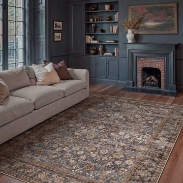 BERTHMEER Tapis de Grande Taille 9'x12 Pieds pour Salon Chambre Salle à Manger Bureau Oriental Floral Vintage Style Ferme Lavable à la Machine Antidérapant Traditionnel Usé, Bleu Brun