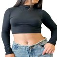 thumbnail image 1 of Blouse Unie à Manches Longues pour Femmes, Crop Top Décontracté à Col Montant, 1 of 5