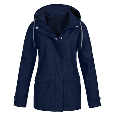Pompotops Women Solid Rain Jacket Outdoor Plus Size Waterproof Hooded Raincoat Windproof Clearance