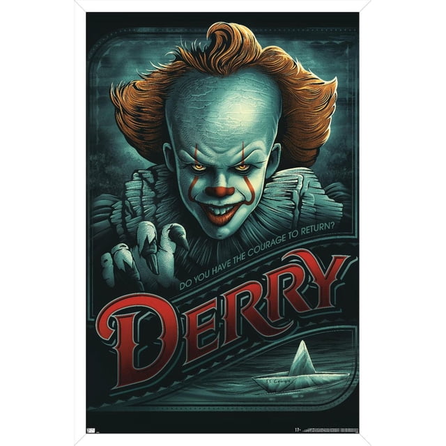 IT - Pennywise Derry Affiche Murale, 14,725 Pouces x 22,375 Pouces Encadrée, Représentant Pennywise le clown aux Cheveux orange Vif et à la Peau Bleu Fissurée Se Tendant vers l'Avant avec des Mains Griffées. l'Arrière-plan Sarcelle Foncé Comprend le Texte « Avez-Vous le courage de Revenir? » au-Dessus du Grand Lettrage Rouge « Derry » et un Bateau en Papier Étiqueté « S.S. George » en Bas à Droite, Idéal pour une Oeuvre