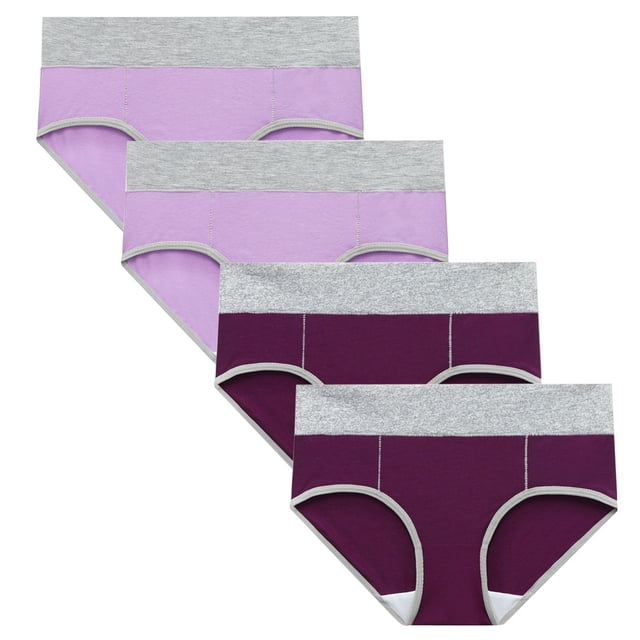RKSTN 4Pc Women's Boxer Briefs featuring high-waist full coverage design in a pack of four. These soft, breathable postpartum panties come in a patchwork color style with a stretchable waistband for comfort. The image shows two purple and two lavender briefs with grey waistbands, arranged in a flat lay. Made with polyester stretch fabric, these briefs offer no pilling, no pinching, and a snug fit. Suitable for postpartum recovery, high-waisted pants, and dresses.
