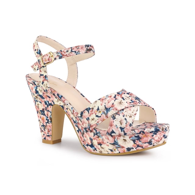 BLISSFUL STEP Style Women's Shoes Floral Pattern Platform Chunky Heel Open Toe Slingback Buckle Strap Sandals Pink 10