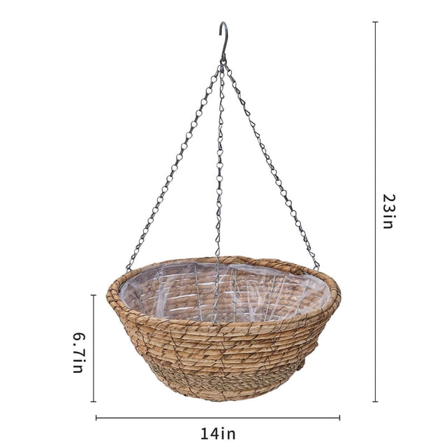 Mainstays 14 in Natural Hanging Planter with a round natural seagrass basket lined with biodegradable plastic, suspended by three black powder-coated metal chains and an S-hook, measuring 14 inches wide, 6.7 inches deep, and 23 inches in hanging length, suitable for outdoor patios and gardens to promote healthy root aeration.