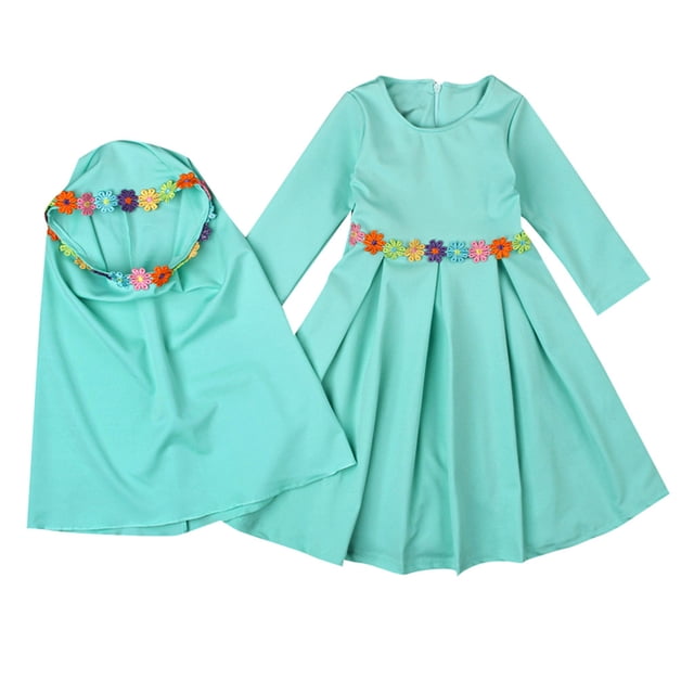 SXcggal One Robe Fille à Manches Longues Manches Bébé Longue avec Abaya Brodée Enfants Filles Robe&Jupe Belle à la Mode Mignonne Robe pour Enfants