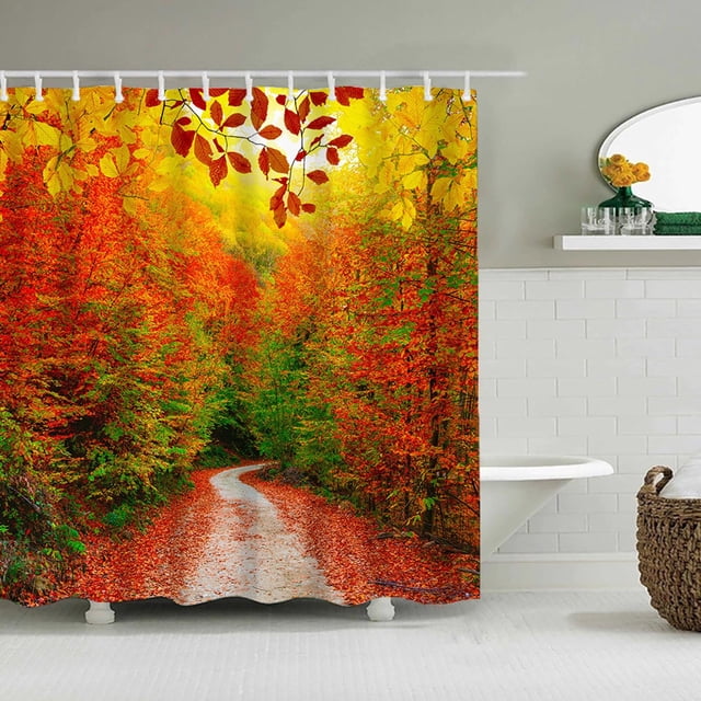 Meitianfacai Rideau de Douche à Imprimés Créatifs, Mesurant 59 X 71 Pouces, Exposé dans un Décor de Salle de Bain. le Rideau Présente un Imprimé de Forêt Automnale vibrant avec des Feuilles Rouges, orange et Jaunes Entourant un Sentier Sinueux. Fabriqué en Tissu polyester Imperméable et Résistant à la Moisissure, Il Comprend 12 Trous pour une Suspension et un Retrait Faciles. Convient au Lavage à la machine Ou à la Main, Idéal comme Doublure de Rideau de Salle de Bain Ou Rideau de Bain Décoratif.