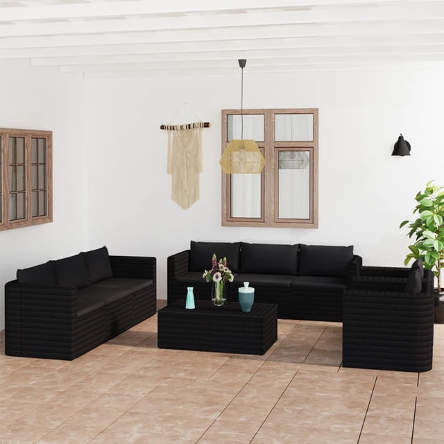 vidaXL 10 Piece Garden Lounge Set with Cushions Poly Rattan Black