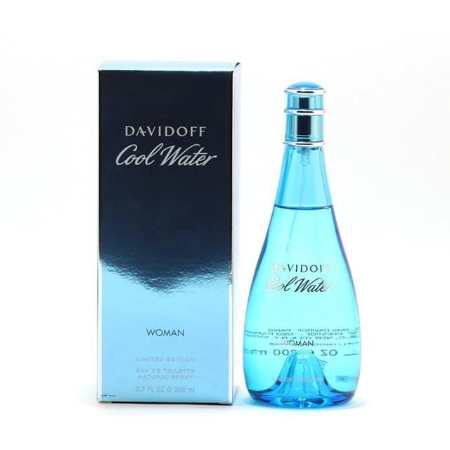 Coolwater Eau De Toilette Spray For Women 200ml showing a translucent blue teardrop-shaped glass bottle with silver cap next to a matching blue reflective box, branded Davidoff Cool Water Woman, emphasizing its fresh, fruity, and oceanic scent with pineapple, melon, lotus, musk, and sandalwood notes.