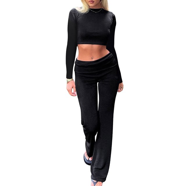 Honganda Women Spring Outfits Solid Color Long Sleeves Crop Tops Bootcut Pants 2 Pcs Set Streetwear Aesthetic Clothes