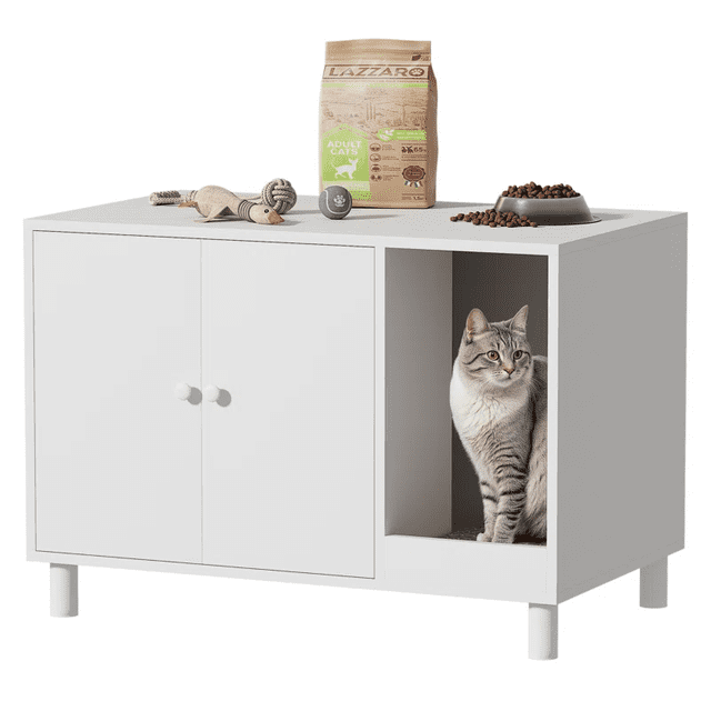 Homall Hidden Cat Litter Box Enclosure with Scratching Mat, a multi-functional wooden cat washroom furniture piece. The white enclosure features a two-door cabinet on the left and an open compartment on the right, where a grey tabby cat is seated. The top surface holds a bag of cat food, a bowl of kibble, and cat toys. Designed to double as a nightstand, side table, or storage unit, it offers a private, spacious interior for standard litter boxes and includes a scratching mat to trap loose litter.