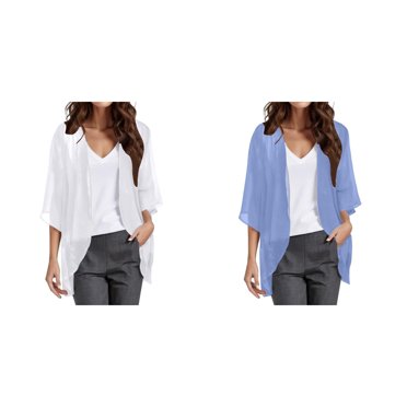 Lot de 2 (Bleu 1 Pce et Blanc 1 Pce) Multipack Cardigans en Mousseline pour Femmes Été Cardigan Élégant Uni à Manches Bouffantes pour Femmes, Coupe Ample, Couvre-Maillot, Blouse Décontractée, Hauts