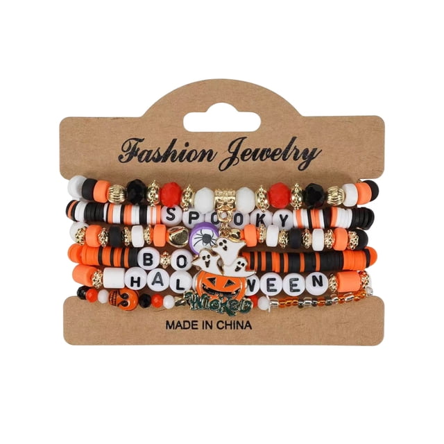 B Beaded Bracelet Set Gothic Layered Design For Women Accessories Jewelry Gift Stretch Fit Stackable Araneid Pumpkin Theme Resin Craftwork Party Fashion Durable Material Adjustable Size