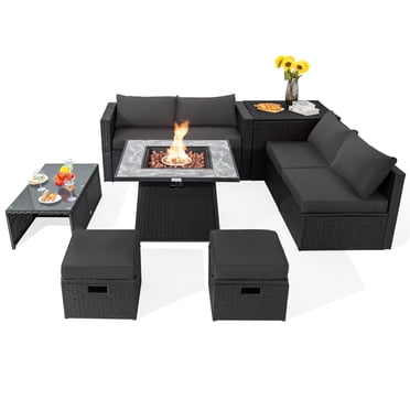 Patiojoy 9 Pieces Outdoor PE Rattan Wicker Sectional Sofa with 35-Inch Gas Fire Pit Table Space-Saving Patio Conversation Set with Storage Box Grey