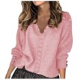 thumbnail image 1 of WUANDIXFA Womens Sweaters Trendy 2025 Women Solid Color V Neck Lace Stitching Buttons Long Sleeves Sweater Pink,S, 1 of 5