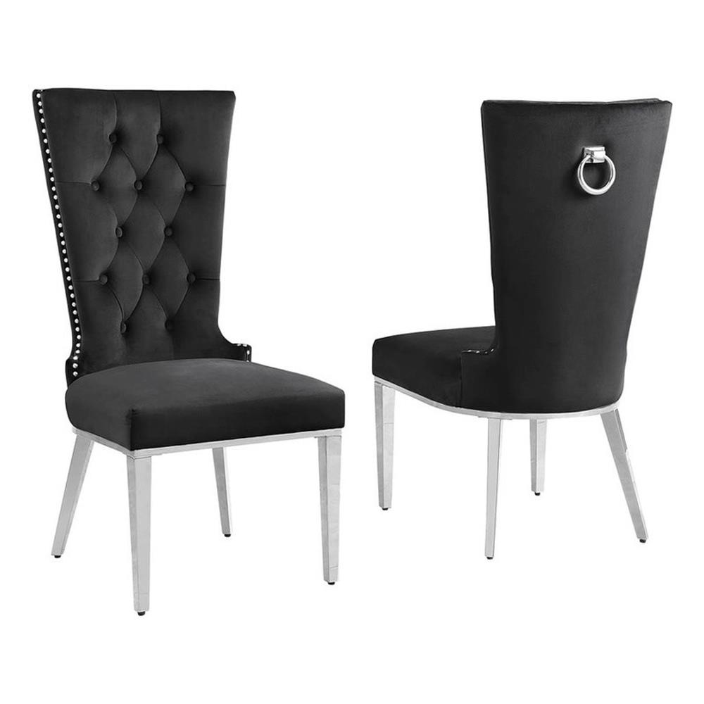 Chaises Latérales Rembourrées en Velours Noir avec Acier Inoxydable, Ensemble de 2