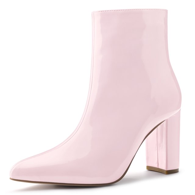 Unique Bargains Women's Pointed Toe Zipper Patent Leather Ankle Chunky Boots