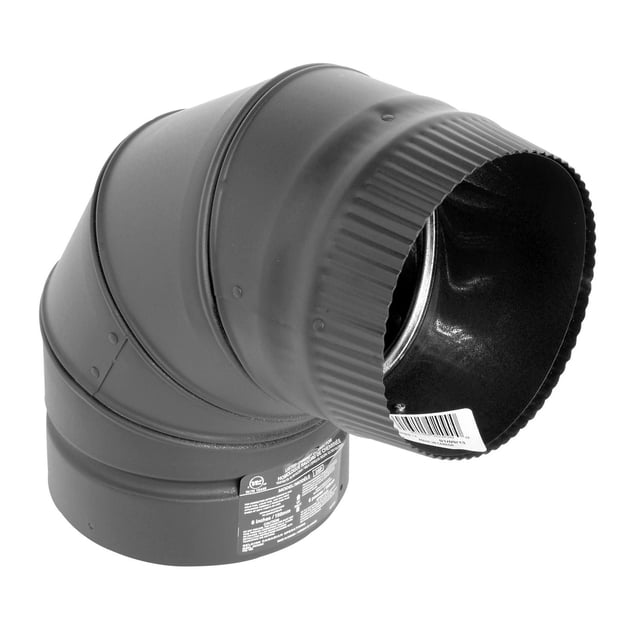 SuperVent DSP7E9-1 90 Degree Double Wall Elbow, a black aluminized steel stove pipe connector with ribbed and smooth sections, designed to link wood stoves to insulated chimneys, improving ventilation and reducing clearance requirements.