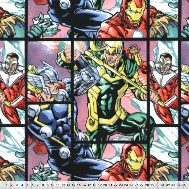 Fabric Creations Marvel Avengers Dynamite Power Polyester Fabric by the Metre 152 cm (60") featuring comic-style panels of Marvel superheroes including Iron Man in red and gold armor, Thor with winged helmet and blue armor, and Loki in green and gold with horned helmet, printed on durable polyester fabric ideal for crafting and apparel projects.