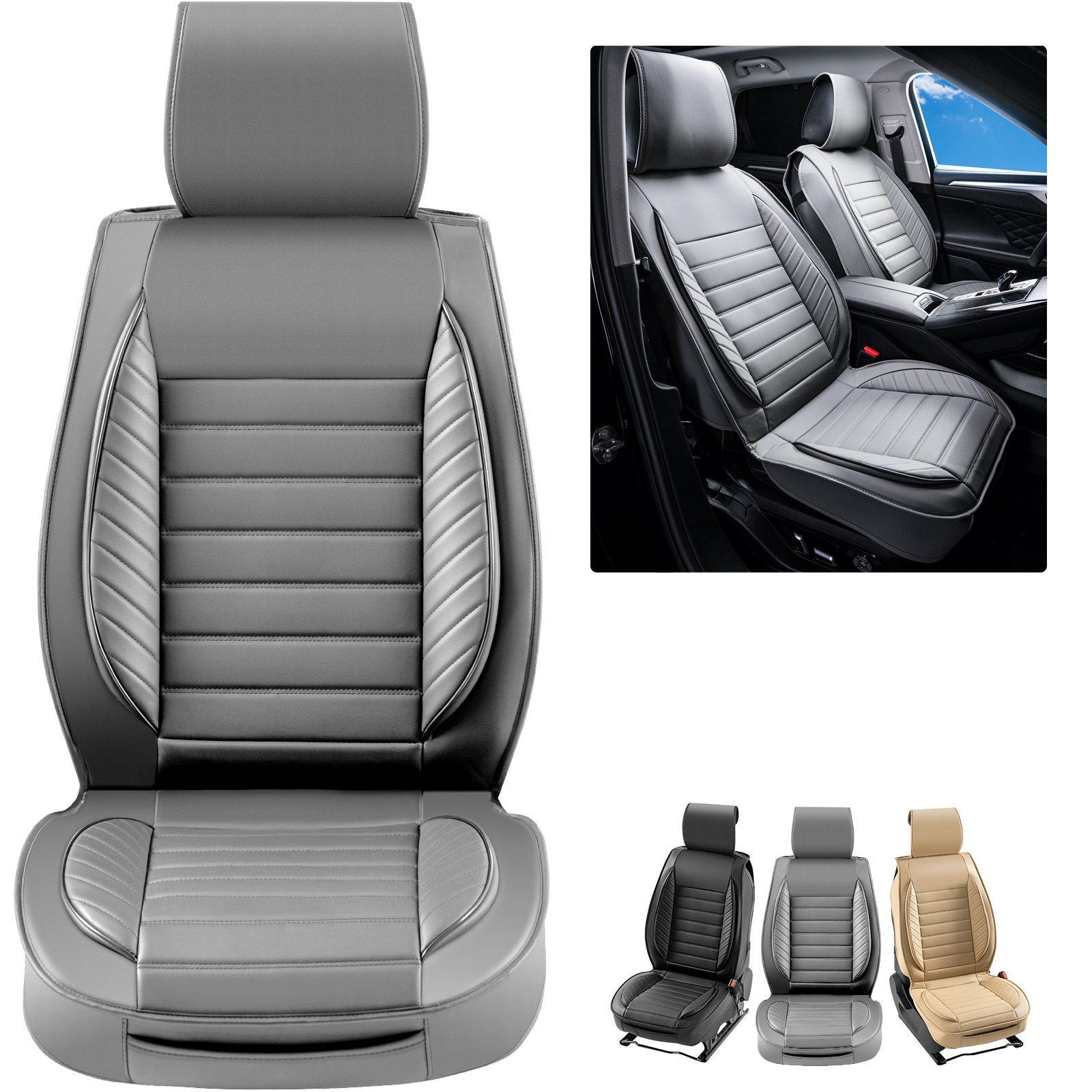 VEVOR Seat Covers, Universal Car Seat Covers Front Seats, 2pcs Faux Leather Seat Cover, Semi-enclosed Design, Detachable Headrest and Airbag Compatible, for Most Cars SUVs and Trucks Gray