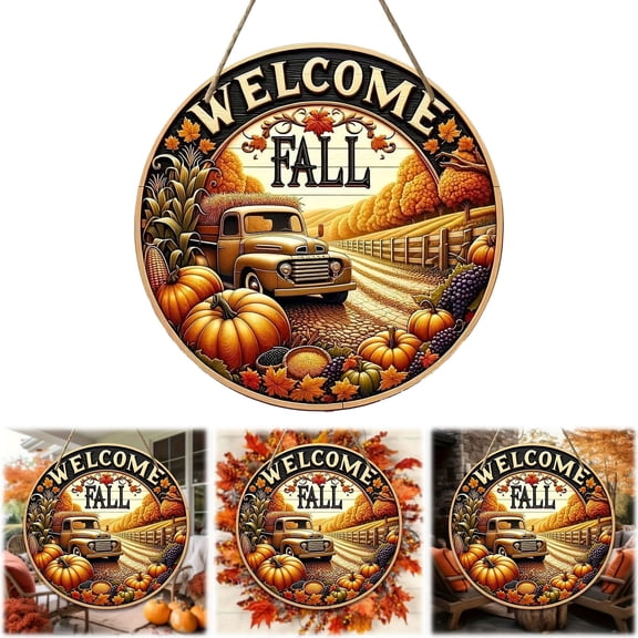 1PC Fall Welcome Door Sign, Halloween Thanksgiving Harvest Front Door Decor, Autumn Pumpkins Farmhouse Welcome Wreath Sign for Home, Hanging Holiday Decoration