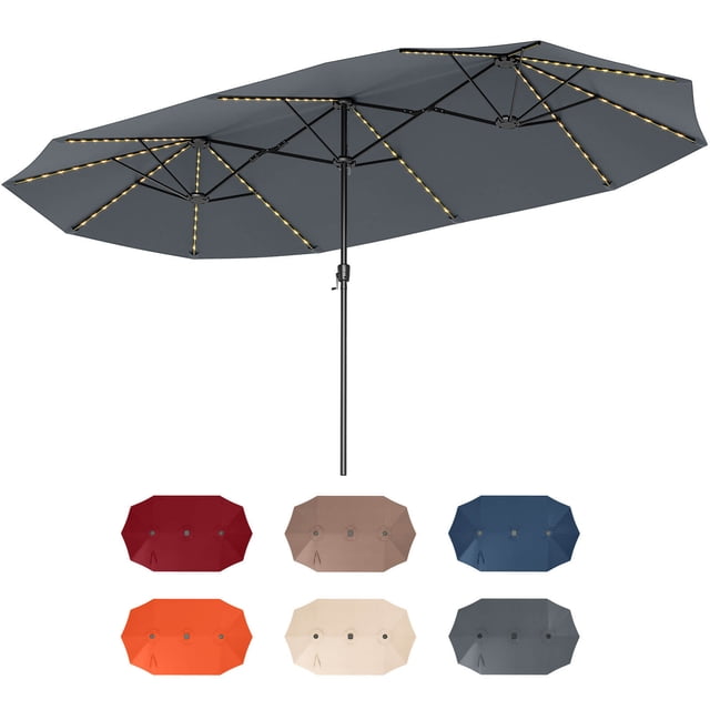 Costway 15.5 FT Extra-Large Patio Umbrella with LED Solar Lights & 12 Heavy-Duty Ribs in gray. Features a double-sided 15.5 x 9 ft canopy made of 180 GSM polyester fabric, providing sun protection and water resistance. Equipped with 144 warm-yellow LED lights powered by a solar panel for 6-8 hours of illumination. Includes a crank handle for easy opening and closing, an air vent for stability, and 12 sturdy metal ribs for wind resistance. Suitable for outdoor spaces like patios, backyards, and poolside areas.