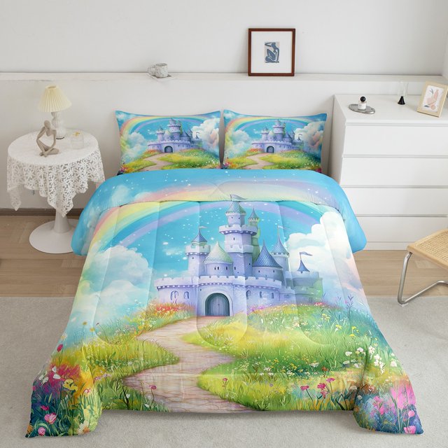 Erosebridal Rainbow Castle Bedding Sets Twin with Comforter, Fairy Tale Duvet Insert, Spring Flower Reversible Down Comforter, Microfiber Room Decor, 2 Pieces