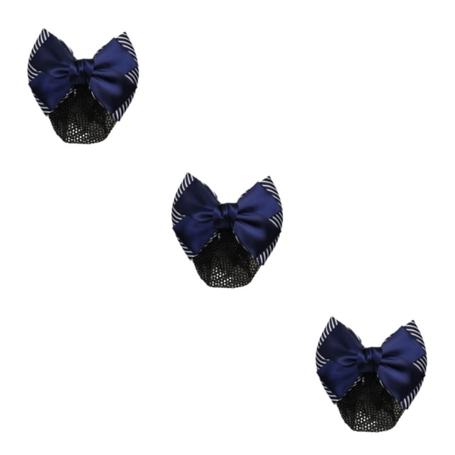 VONKY Cloth Easy To Wear Professional Hair Plate Mesh Pocket Bow Hair Net Snood Net Bow Work Hair Clips Thick Stripes- Blue 3Set