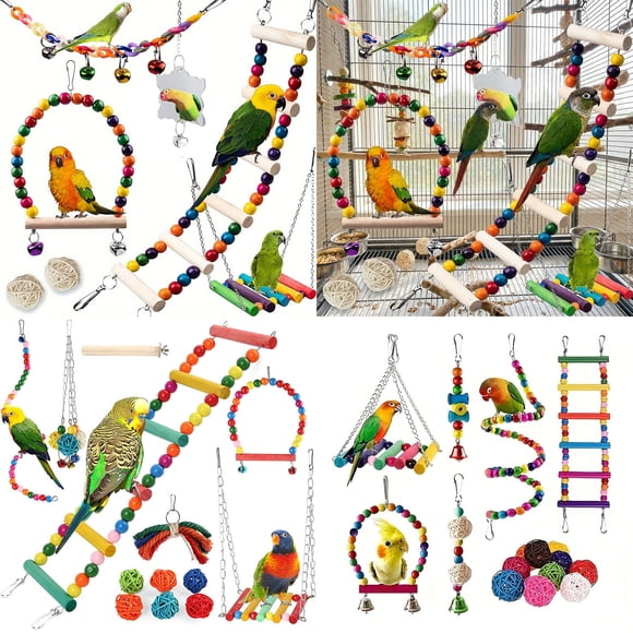 Sentmoon Bird Toy Cockatiel Toys Toys for Cage Birds Chew Toys Set with Swings Blocks Colorful Bells and Ladders Natural Safe Birds Cage Accessories for Small Medium Birds