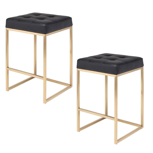 Tabouret de Bar en Tuyaux de Couleur Noire et or, Ensemble de 2 avec Cadres en Acier Inoxydable Brossé à Fini Doré et Sièges en PU Capitonnés Noirs, Chacun Mesurant 18 Pouces de Profondeur par 18 Pouces de Largeur et 30 Pouces de Hauteur, Idéal pour les Sièges de Cuisine et de Salle à Manger et Convenant comme Tabouret compact de Coiffeuse Ou Tabourets Occasionnels.