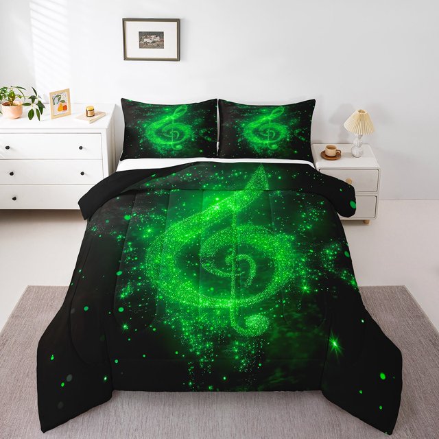 Ensemble de Literie Note Musicale pour Enfants, Imprimé Paillettes Vert Étoilé (Pas Réel) Ensemble de Literie Chic Toutes Saisons, Thème Musical Néon Paillettes Couette Romantique 2 Pcs avec 1 Taie d'Oreiller, Taille Tout-Petit