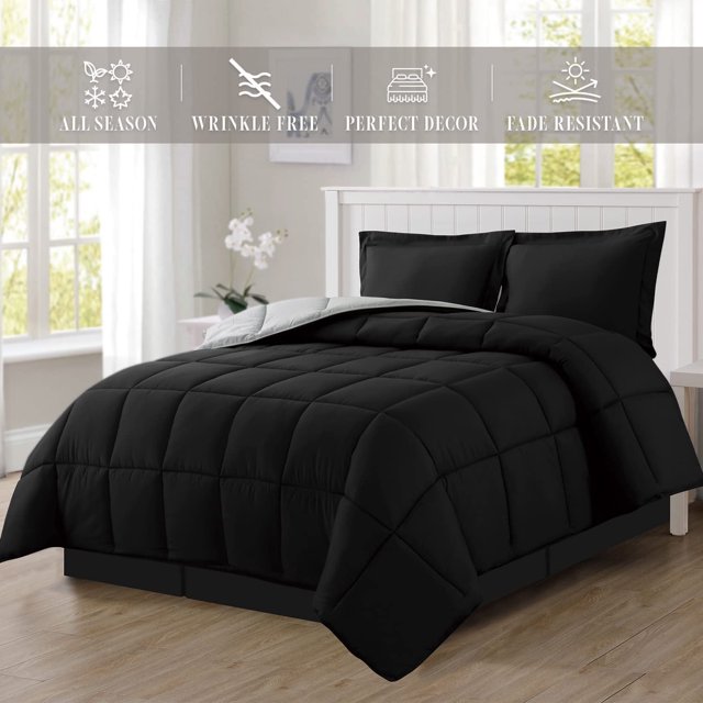 Mocassi Reversible 3-Piece Comforter Set with Matching Shams, Two Colors in One for Ultimate Versatility and Style, King/California King, Black/Silver