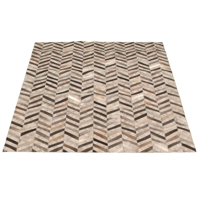 ECARPETGALLERY 4'8" x 6'6" Contemporary Cowhide Patchwork Handmade Area Rug in grey featuring a chevron pattern of natural leather patches in grey, brown, and beige tones, with a soft, stain-resistant texture and durable backing, ideal for living room, dining room, or bedroom, and suitable for southwestern and modern minimalist décor.