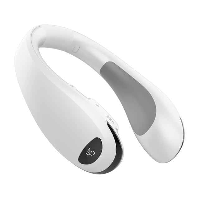 Amdohai Electric Neck Warmer Hand Warmers Rechargeable 8000mAh Power Bank in white, featuring a U-shaped design for a comfortable fit. Includes an LED display showing adjustable heating modes at 37°C, 45°C, and 55°C. Made from ABS material, it doubles as a power bank with USB 2.0 output and Type-C input, suitable for charging phones and other devices. Lightweight and cordless, ideal for home, office, or travel use.