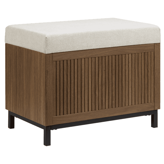 Banc pouf de rangement en placage de bois de noyer avec coussin crème Bouclair pour entrée