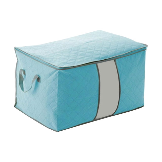 Estbridge Home Quilt Storage Box with large capacity, made of non-woven fabric and PVC, shown in a light blue quilted design with grey accents. Features include a front perspective window for easy viewing, sturdy two-way steel zipper, and side handles for convenient lifting. The foldable design allows for compact storage when not in use. Ideal for storing blankets, quilts, clothes, pillows, toys, and Christmas ornaments. Dimensions: 60x42x36cm (23.6x16.5x14.17in).