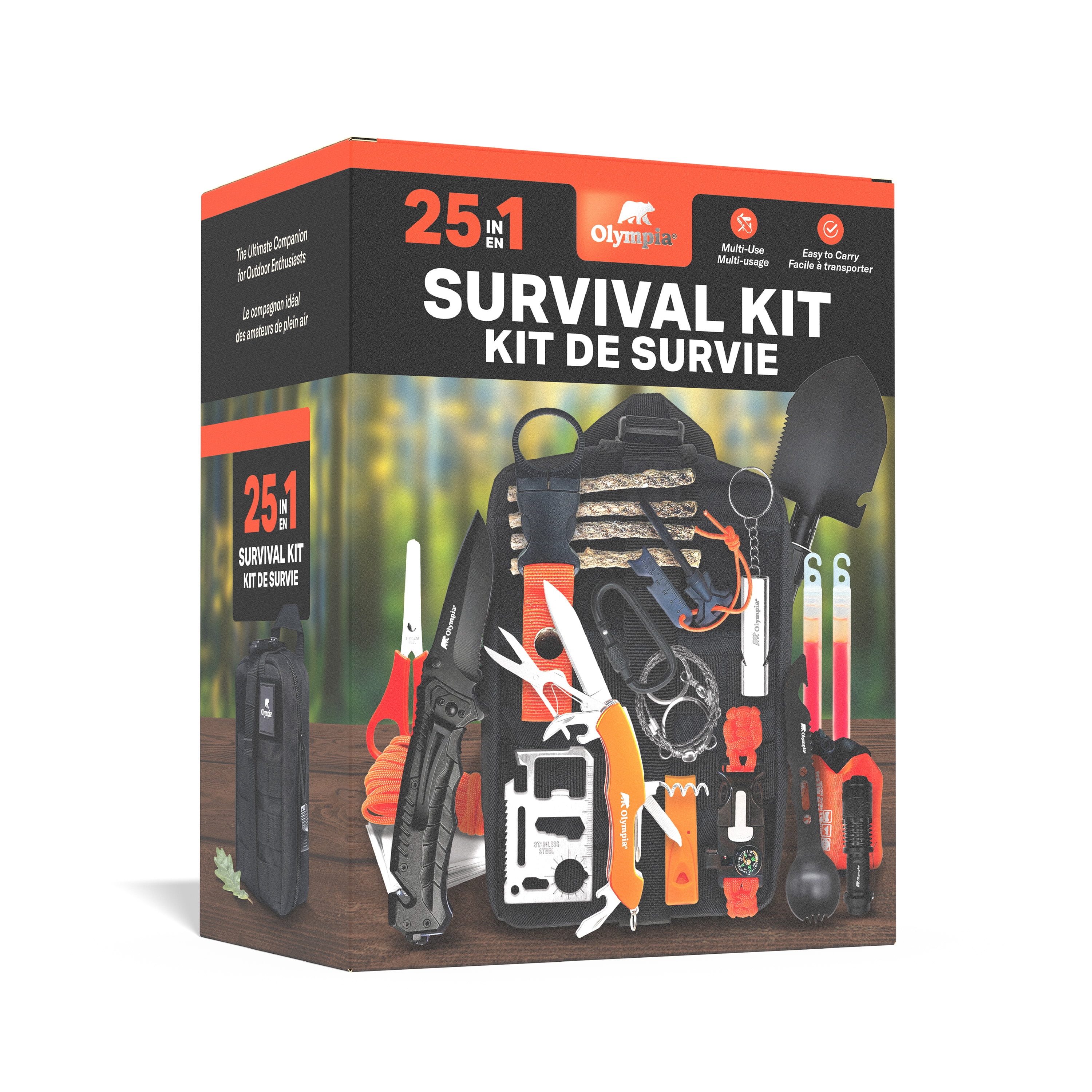 Olympia Survival Kit, 21 Piece. Includes Nylon Bag, Knife, Shovel