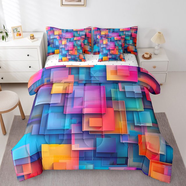 YST Color Blocks Hippie Comforter Set 3D Geometric Square Bedding Sets 7 Piece Full Abstract Texture Patchwork Bed In A Bag Modern Abstract Minimalism Art Quilt with Flat Fitted Sheet