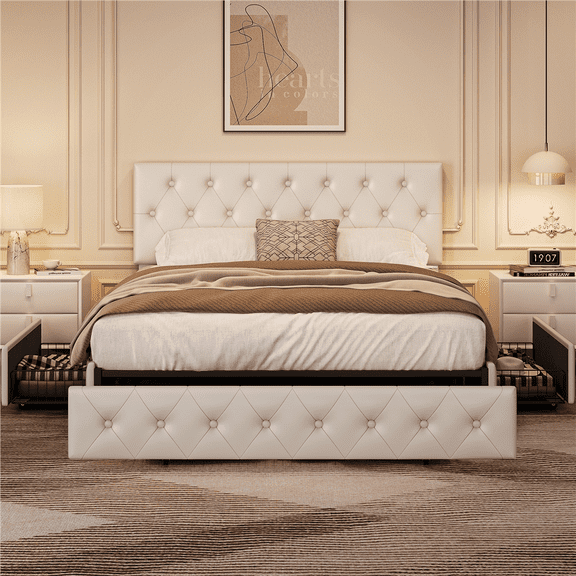 FullFurnique Cadre de Lit en Similicuir Capitonné avec Tête de Lit Réglable et 3 Tiroirs de Rangement, Queen, Beige