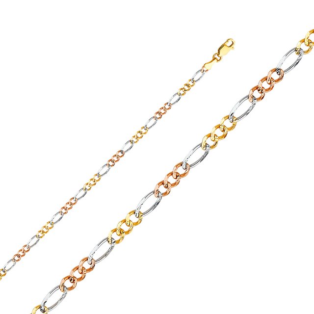 Dimaya Fine Jewelry 14K Tri-Tone Gold 3.7-mm Regular Concave 3+1 Figaro Chain Bracelet