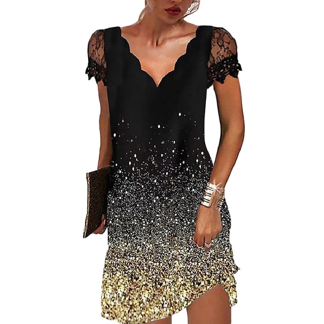 fastboy Robe Courte à Manches Courtes Imprimée Col en V pour Femmes Robe Décontractée Soirée École Fiançailles Mariage d'Été Fête d'Anniversaire Or 3TG