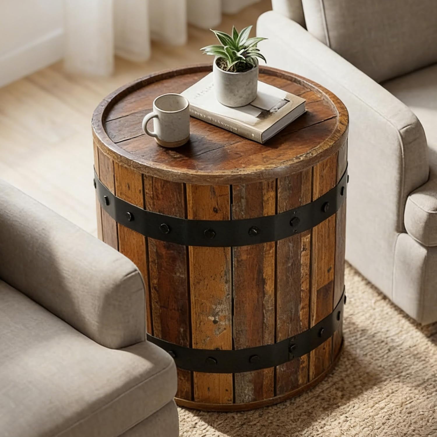 Tribesigns Barrel Side Table with Hidden Storage, 19.68" Round Rustic End Table with Removable Lid, Bedside Nightstand for Living Room (1PCS, Brown)