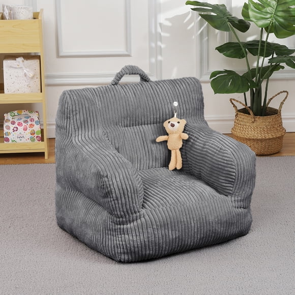 Strawberry Bear Kids Bean Bag Chair, Soft Corduroy Toddler Sofa, Ergonomic & Comfy, Perfect for Gaming, Reading, Napping For Boys & Girls - Living Room, Playroom, Bedroom Use, Light Gray