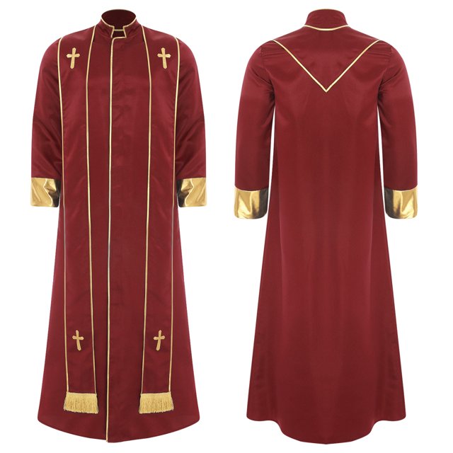 Moggemol Robe d'Église pour Hommes avec Étole Costume de Prêtre Jeu de Rôle Manches Longues Croix Dorée Rouge m