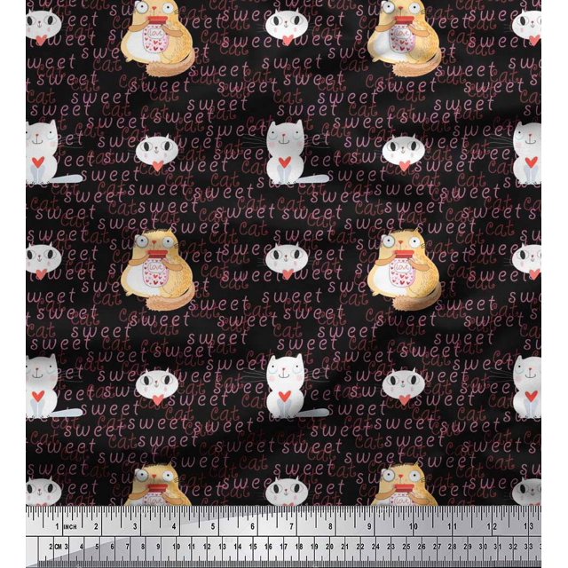 Soimoi Poly Crepe Fabric Sweet Cat Kids Print Sewing Fabric Yard 42 Inch Wide