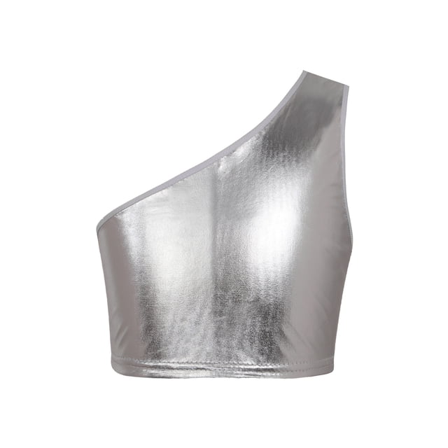 Haitryli Kids Girls One Shoulder Metallic Cropped Bra Top Shiny Stage Dance Performance Tanks Tops Silver 100-120